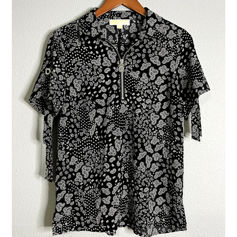 Michael Kors Sz M Black Top Floral Paisley Print 1/4 Zip Roll Tab Sleeve Silver
